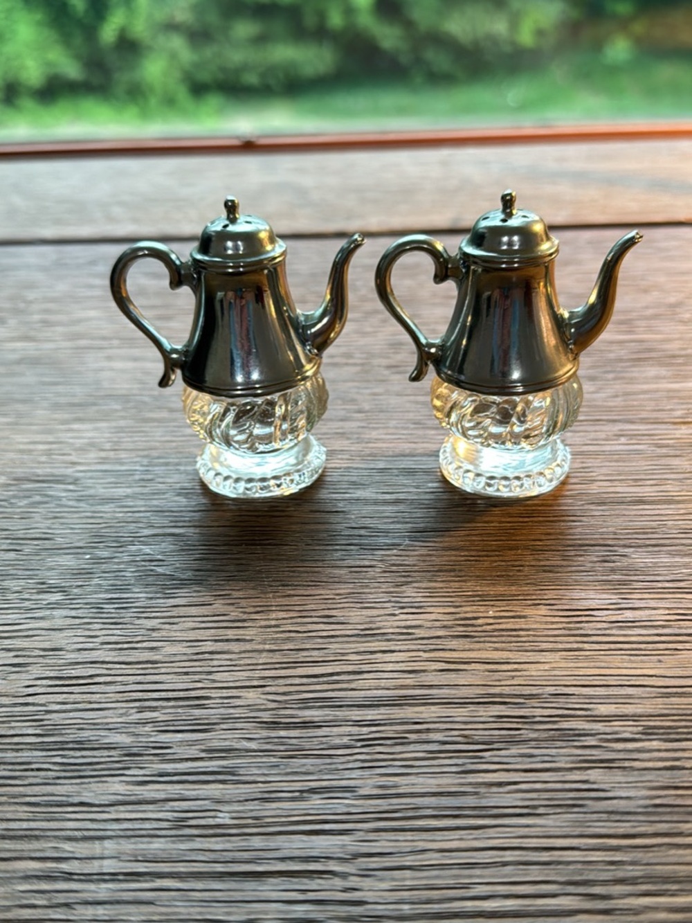 Silver & crystal teapot salt and pepper shakers